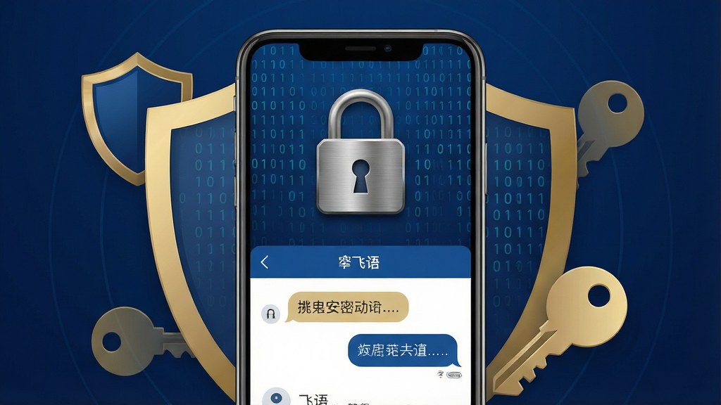 һ��չʾ����App��ȫ˽�����칦�ܵ�ͼƬ��������һ���ֻ���Ļ����Ļ����ʾһ������ͼ��ͼ�������Ľ��档�����ϣ��ֻ���Ļ���У���Χ�ж��ƺ�Կ�׵ĳ���ͼ�����Ű�Գƣ�������ذ�ȫ��������ɫ�ͽ�ɫΪ����ϸ���ϣ���ͼ���н����ʸУ������ж����ƴ���������Ч�������ʸ��壬�ɾ����޶���Ԫ�ء�