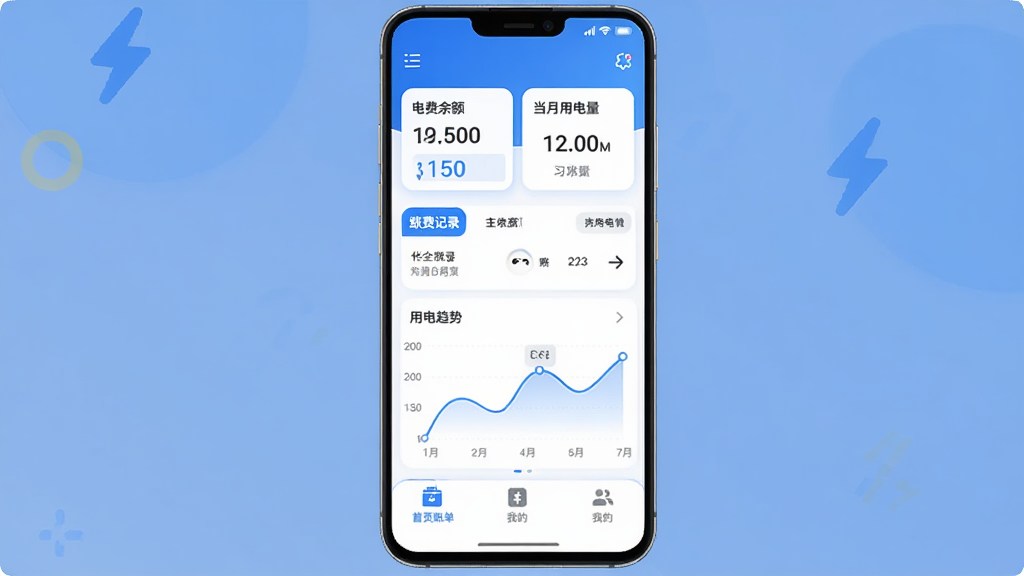 �ʵ� �ֻ�Ӧ��������չʾͼ������Ϊһ��������׿�ֻ�����Ļ��ʾ�ʵ�App��ҳ�����ֶ�����ʾ�����Ƭ�͵����õ������֣��м��ǽɷѼ�¼���õ���������ͼ���ײ�Ϊ��ҳ�˵��ҵ�����ѡ�������ִ���ƽ����������ɫ��ϸ��Բ�󣬻��ʸɾ��޶���Ԫ��