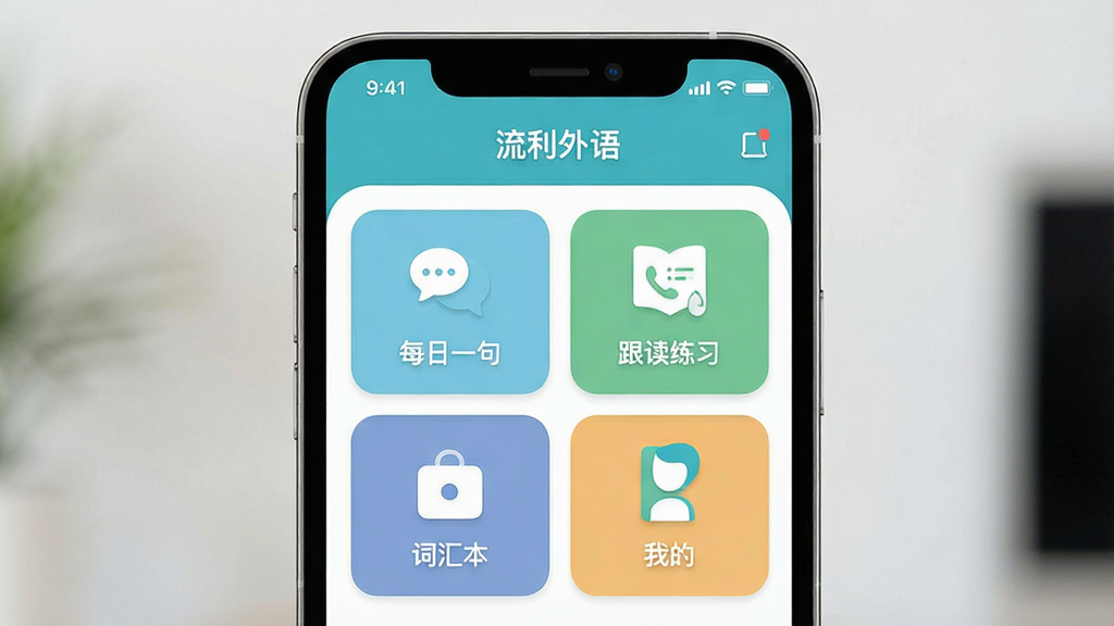 一张展示“流利外语”App核心全貌的图片,主体是一部智能手机,屏幕显示“流利外语”App主界面,界面布局有每日一句、跟读练习、词汇本和我的四个板块,排版清晰简洁,风格是扁平化设计,细节上图标圆润、配色清新,画质干净无多余元素。