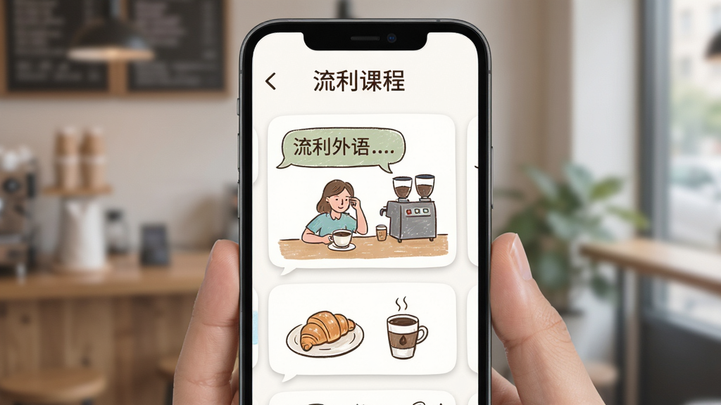 一张展示“流利外语”场景化课程界面的图片,主体是手机屏幕,屏幕中显示咖啡店点餐场景的对话气泡和插画,布局为卡片式排列,风格是手绘插画风,细节上有咖啡杯、牛角包等小元素,画质干净无多余元素。