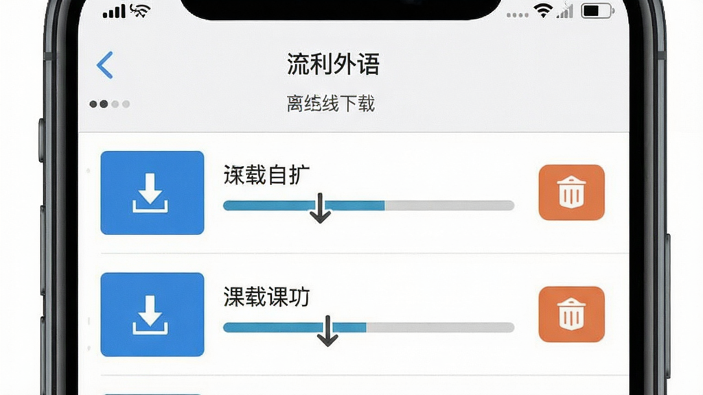 一张展示“流利外语”离线下载功能的图片,主体是手机屏幕显示下载管理界面,布局为列表式,每个课程后面有下载进度条和删除按钮,风格是简约工具风,细节上有信号格和下载箭头图标,画质清晰无多余元素。