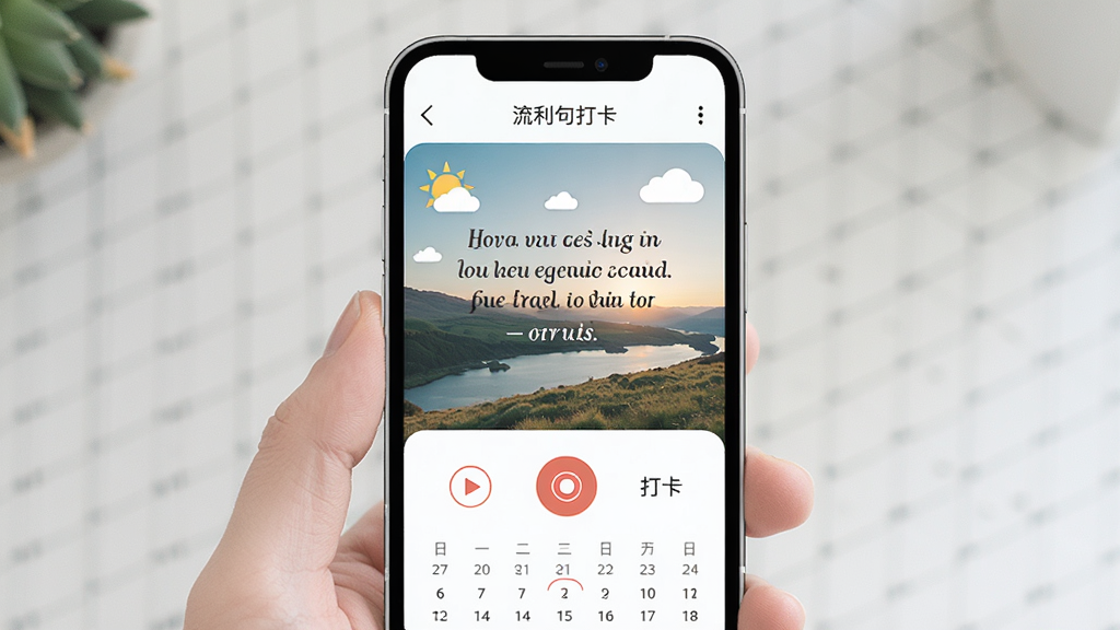 一张展示“流利外语”每日一句打卡界面的图片,主体是手机屏幕显示一张风景图和一句英文名言,下方有录音按钮和打卡日历,布局为上下结构,风格是文艺清新风,细节上有太阳、云朵等小图标,画质干净无多余元素。