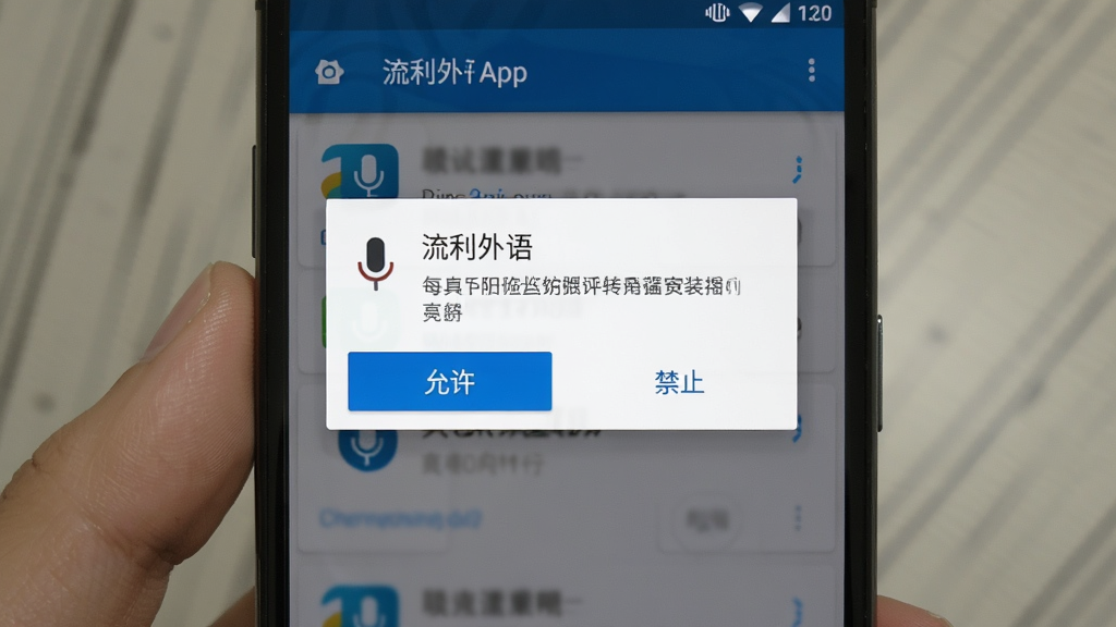 一张展示在手机上安装“流利外语”App时开启麦克风权限的界面截图,主体是手机屏幕弹出权限请求对话框,布局为居中弹窗,风格是原生安卓系统风格,细节上有“允许”和“禁止”两个按钮,画质清晰无多余元素。