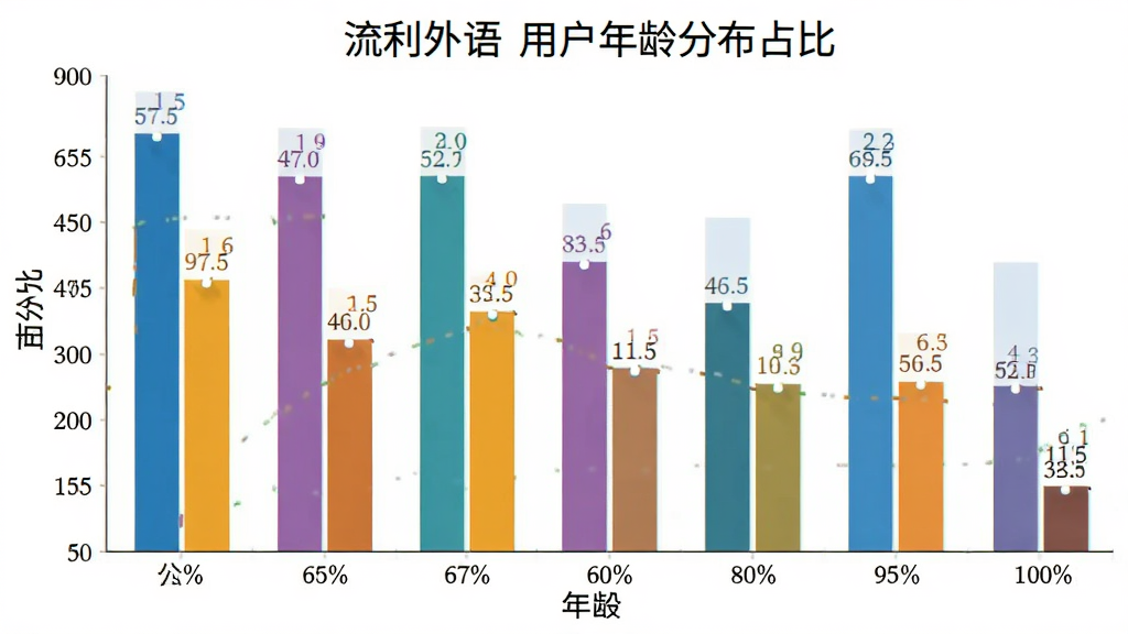 一张展示“流利外语”用户年龄分布占比的柱状图,主体是柱状图,布局为横轴是年龄段、纵轴是百分比,风格是扁平化数据可视化,细节上柱子颜色区分明显、有数据标签,画质干净无多余元素。