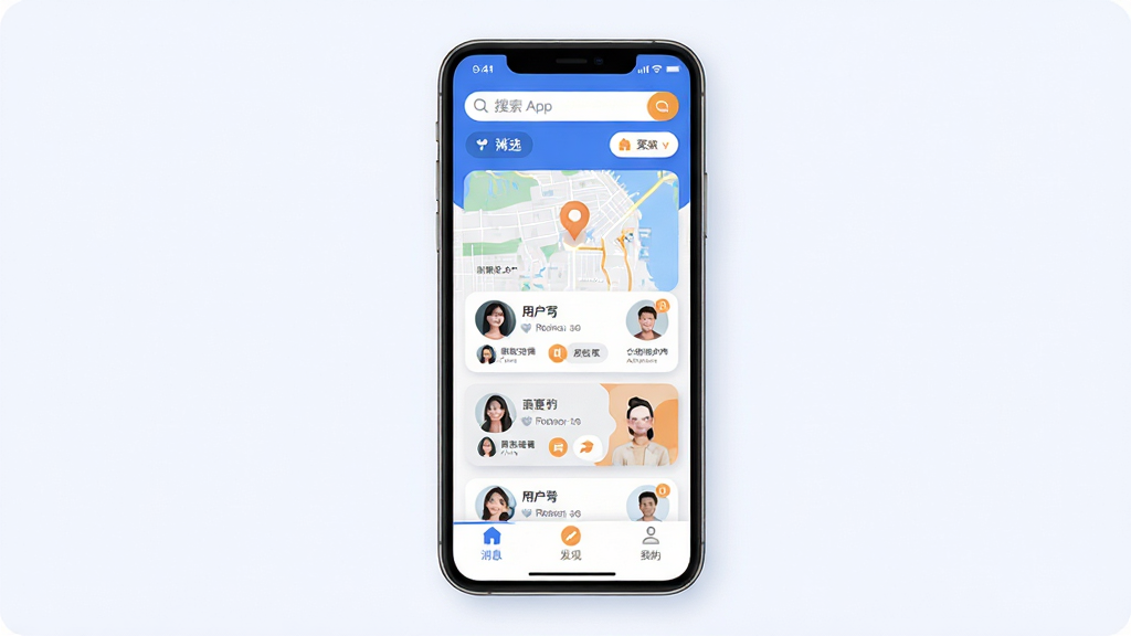 ̽��App������ȫòչʾ������Ϊ�ֻ���Ļ����ʾ�����û�ͷ���б��͵�ͼ��λ��ǣ����ֲ������½ṹ������Ϊ��������ɸѡ��ť���м�Ϊ�ٲ����û���Ƭ���ײ�Ϊ��Ϣ�����֡��ҵ���������ѡ����Ű��������ʣ����Ϊ�ִ���ƽ�����������Ϊ��ɫ����׺ů��ɫ��ϸ�ڴ�Բ��ͼ��������Ӱ�����ʸɾ��޶���Ԫ��