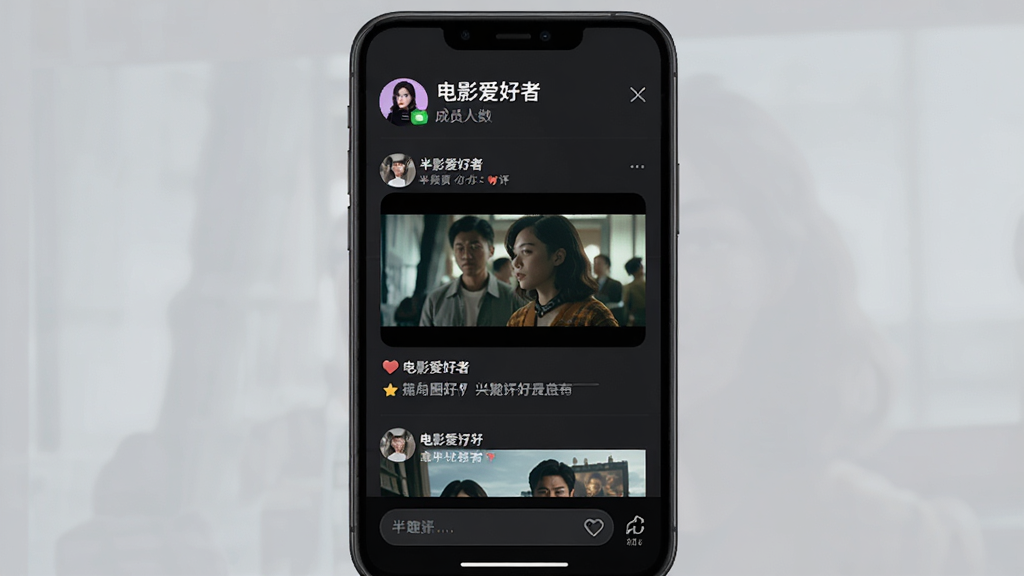 ��;App��ȤȦ�ӽ��棬�ֻ���Ļ��ʾ����Ӱ�����ߡ�Ȧ��ҳ�棬������Ȧ�����ƺͳ�Ա�����м����û������ĵ�Ӱ��ͼ�Ͷ������ײ�������򣬱�������ɫģʽ������ִ���࣬�����������޶���Ԫ��