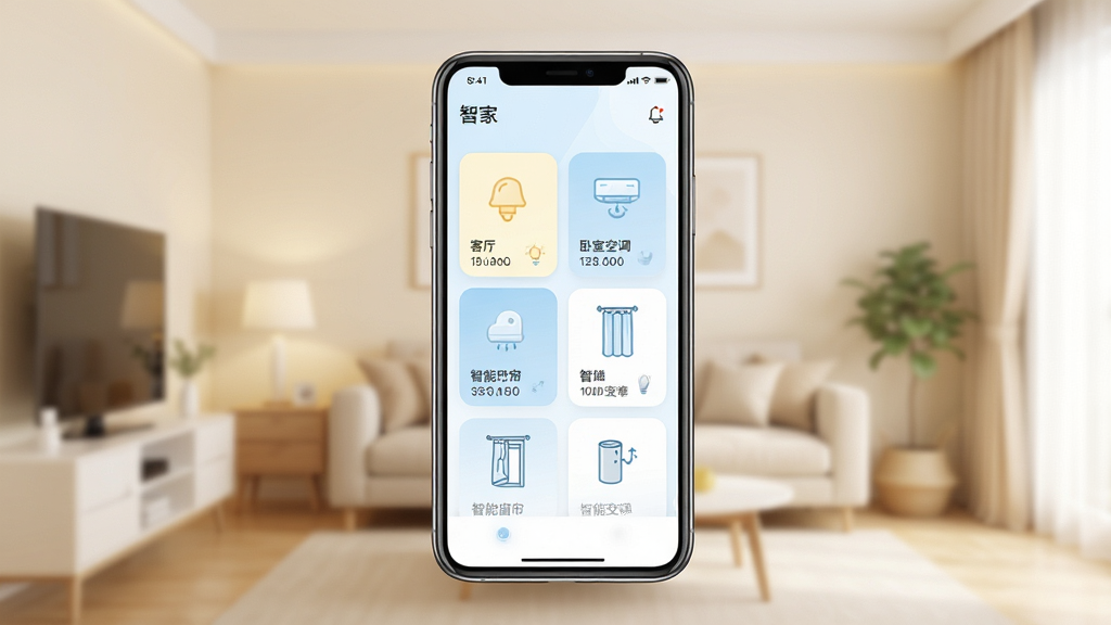 ��������App������ȫòչʾ������������һ�������ֻ�����Ļ��ʾ���ܼҾӿ�����壬�����п����ƹ⡢���ҿյ������ܴ������豸��Ƭ����Ƭ��Բ�Ǿ������У�������ǳɫ��ܰ�ļҾӻ����黯ͼ������ɫ���԰�ɫ��ǳ��ɫΪ��������ִ���Լ��ƽ����ϸ�ڸɾ����������ʸ����޶���Ԫ�ء�