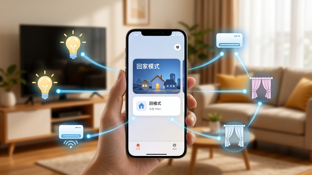 ��������App������������չʾ��������һֻ�������ֻ����ֻ���Ļ����ʾ���ؼ�ģʽ��������Ƭ����Χ�����ŷ���ĵ��ݡ��յ�������ͼ�꣬ͼ��֮���е���ɫ�������ӱ�ʾ��������������ܰ�Ŀ���һ�ǣ����Ƽ�����ҾӸн�ϣ���������������������Ԫ�ء�