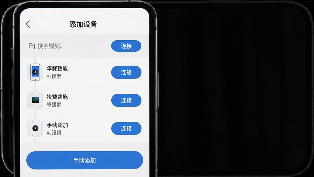 ��������App�豸���ӽ����ͼ���չʾ���������ֻ���Ļ��ʾ�������豸��ҳ�棬�Ϸ������������豸�б���ÿ���豸�Ա��С����ӡ���ť���·��С��ֶ����ӡ�ѡ�����Ϊ����ɫ����ťΪ��ɫԲ�Ǿ��Σ���񼫼����������ʸɾ����޶���װ�Ρ�