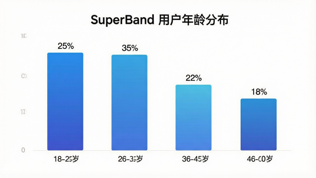 һ��չʾSuperBand�û�����ֲ�����״ͼͼƬ�������к�����״ͼ��ʾ��ͬ������û�ռ�ȣ�18-25��ռ�ٷ�֮25��26-35��ռ�ٷ�֮35��36-45��ռ�ٷ�֮22��46-60��ռ�ٷ�֮18����������ɫ��������ݿ��ӻ�������ͼ�����У�ɫ������ɫϵ���䣬ϸ�����������ʸɾ��޶���Ԫ�أ�ͼƬ����ʾ���֡�SuperBand �û�����ֲ�����
