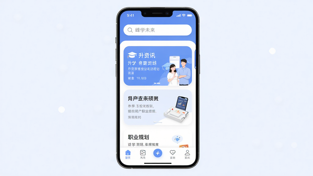 峰学未来 手机应用主界面 布局 顶部搜索栏 中间卡片式展示升学资讯与职业规划内容 底部导航栏 排版 清晰规整 风格 现代简约扁平化 细节 柔和的蓝白配色 圆角图标 画质 高清 干净 无多余元素