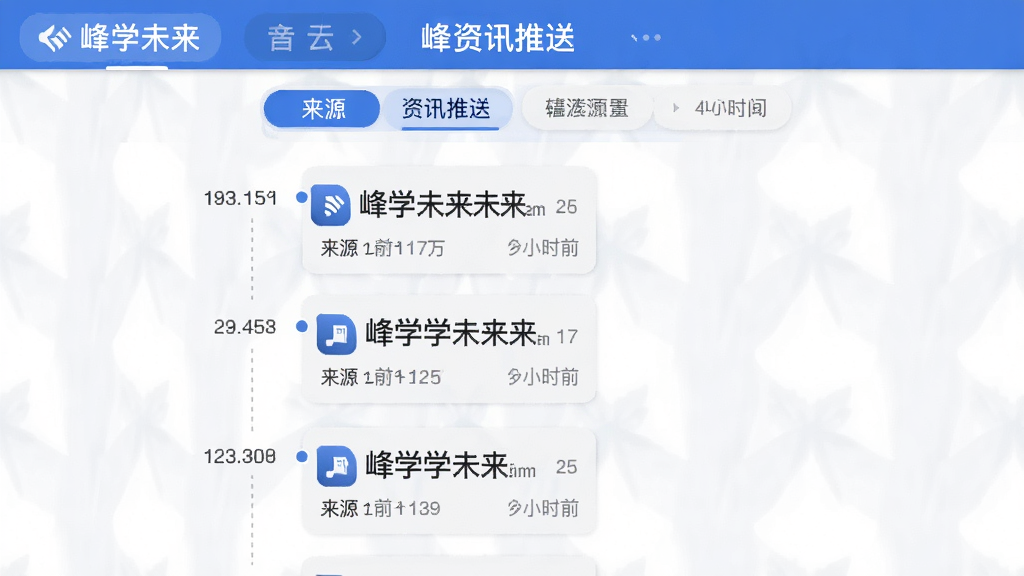 峰学未来 资讯推送界面 布局 顶部标签筛选栏 中间信息流卡片 排版 时间线式排列 风格 简洁新闻客户端风格 细节 每条资讯带有来源与时间标记 画质 高清 干净 无多余元素