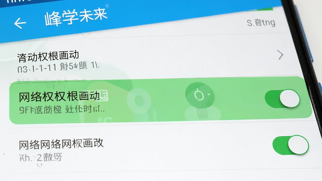 峰学未来 手机设置界面 布局 权限管理列表 排版 纵向排列 风格 安卓原生设置风格 细节 高亮显示存储与网络权限开关 画质 高清 干净 无多余元素