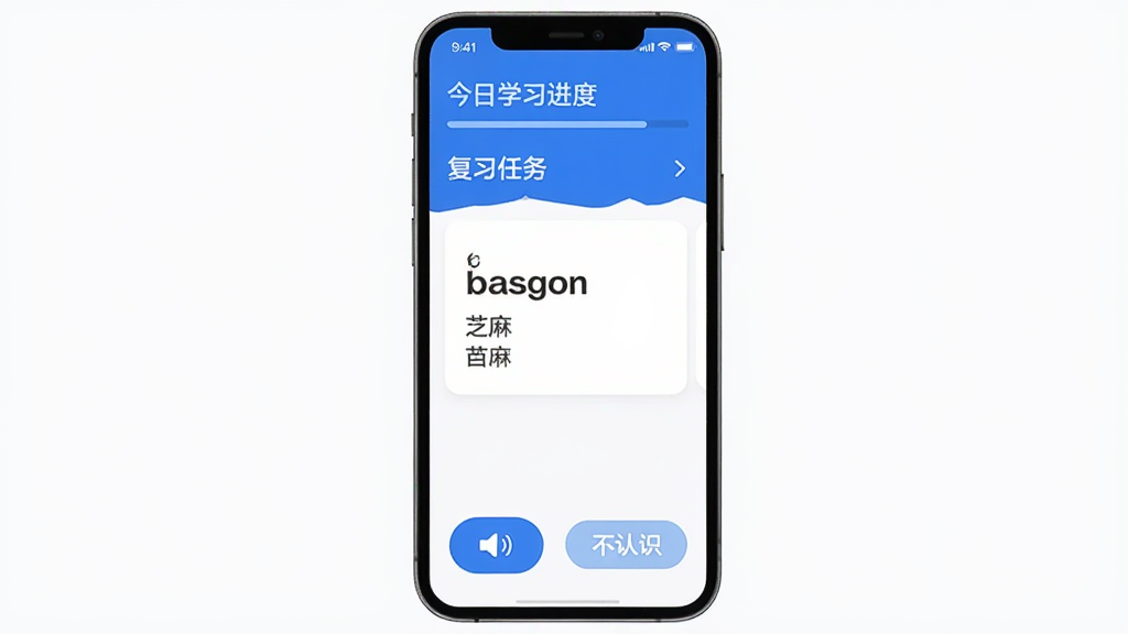 芝麻单词 手机应用界面展示,主界面为蓝白配色,顶部显示今日学习进度和复习任务,中间是单词卡片区域展示英文单词和中文释义,底部有发音按钮和认识/不认识选择按钮,背景干净整洁,风格现代简约扁平化,画质清晰,无多余元素