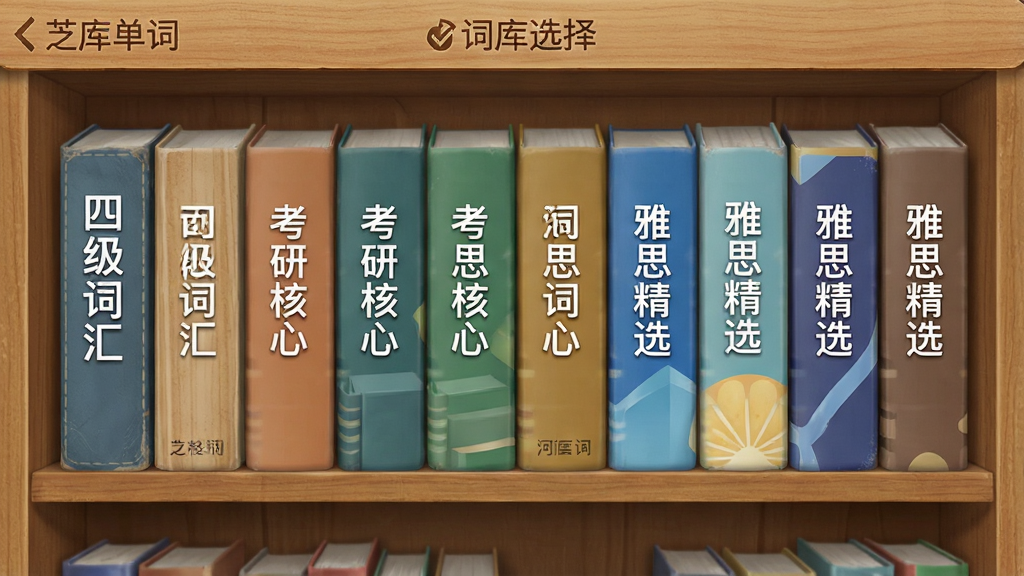 芝麻单词 词库选择界面,展示一排排书脊样式的词库封面,包括“四级词汇”“考研核心”“雅思精选”等字样,界面排版整齐,风格书架质感,画质干净,无多余元素