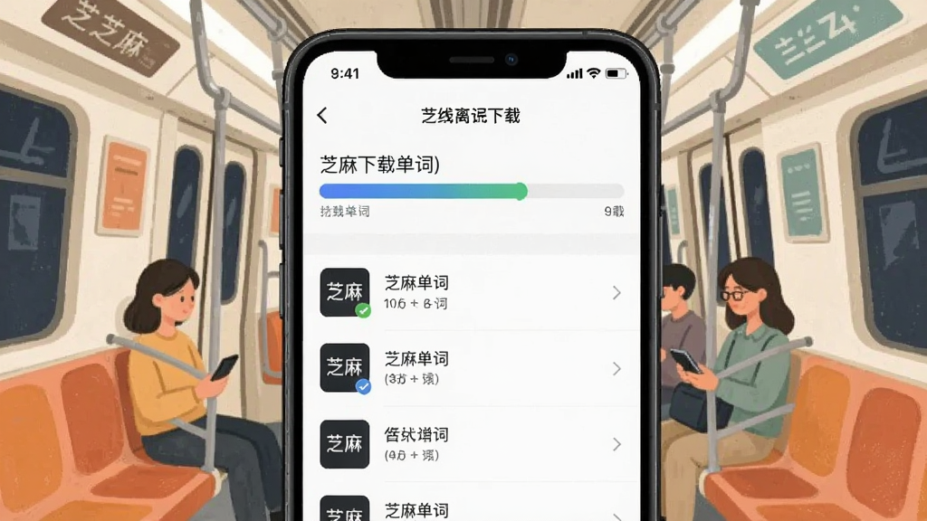 芝麻单词 离线下载界面,手机屏幕显示下载进度条和已完成的词库列表,背景是地铁车厢场景插画,风格生活化,画质清晰,无多余元素