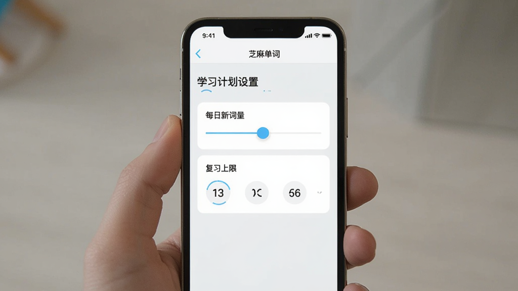 芝麻单词 设置界面,手机屏幕显示学习计划设置选项,包括每日新词数量滑块和复习上限数字,界面为浅色主题,风格简洁,画质清晰,无多余元素