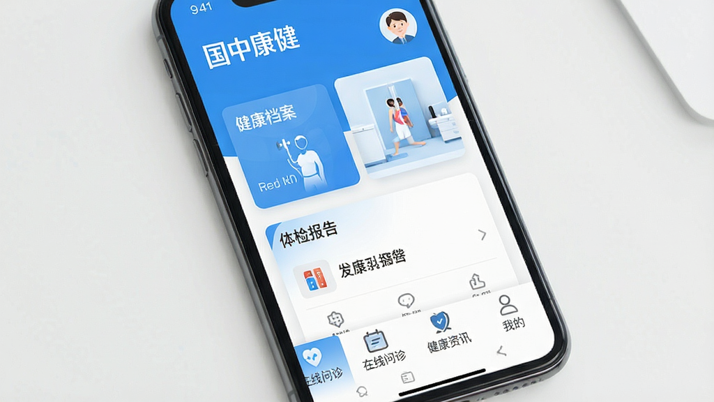 һ���ֻ���Ļչʾ��������App�����棬������ʾ�����п�����Logo���û�ͷ���м��ǽ���������Ƭ����챨����ڣ��ײ����������������Ѷ���ҵ��ĸ�������ť������������ɫ��Ϊ������������������ִ���࣬���ʸɾ��޶���Ԫ��