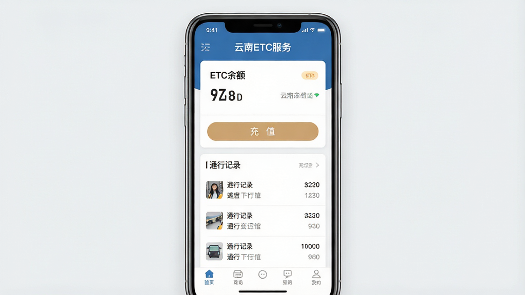 һ���ֻ�Ӧ�ý���չʾͼ������������һ���ִ������ֻ�����Ļ��ʾ������ETC����App����ҳ�������С�����ETC�������ֱ�ʶ��ҳ�����ETC��Ƭ����ֵ��ť��ͨ�м�¼�б��͵ײ��������������Ǹɾ���ǳ��ɫ�����������ִ�����ƽ����ƣ����������ɾ����޶���Ԫ��