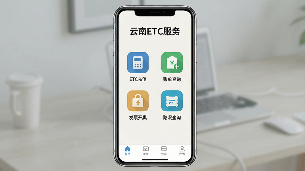 һ���ֻ�Ӧ�ù���չʾͼ���������ֻ���Ļ��ʾ������ETC����App����ҳ���Ϸ��С�����ETC�������֣��м�չʾETC��ֵ���˵���ѯ����Ʊ���ߡ�·����ѯ�ĸ�����ͼ�꣬�ײ��е�����������Ϊǳɫ������ƽ�������������ɾ����޶���Ԫ��