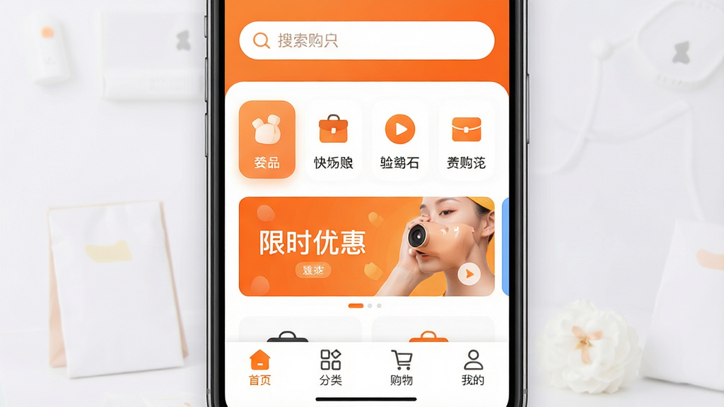 ���ֹ�APP��������Ƽ���������Գ�ɫ�Ͱ�ɫΪ��ɫ����������������Ŀ���м�����Ʒ����ͼ�����ʱ�Żݺ�����ײ�Ϊ��ҳ�����ࡢ���ﳵ���ҵ��ĸ�������ǩ�����沼������������ִ���ƽ��ϸ��Բ�󣬻��ʸɾ��޶���Ԫ�أ��ֻ���ĻչʾЧ�����߷ֱ���