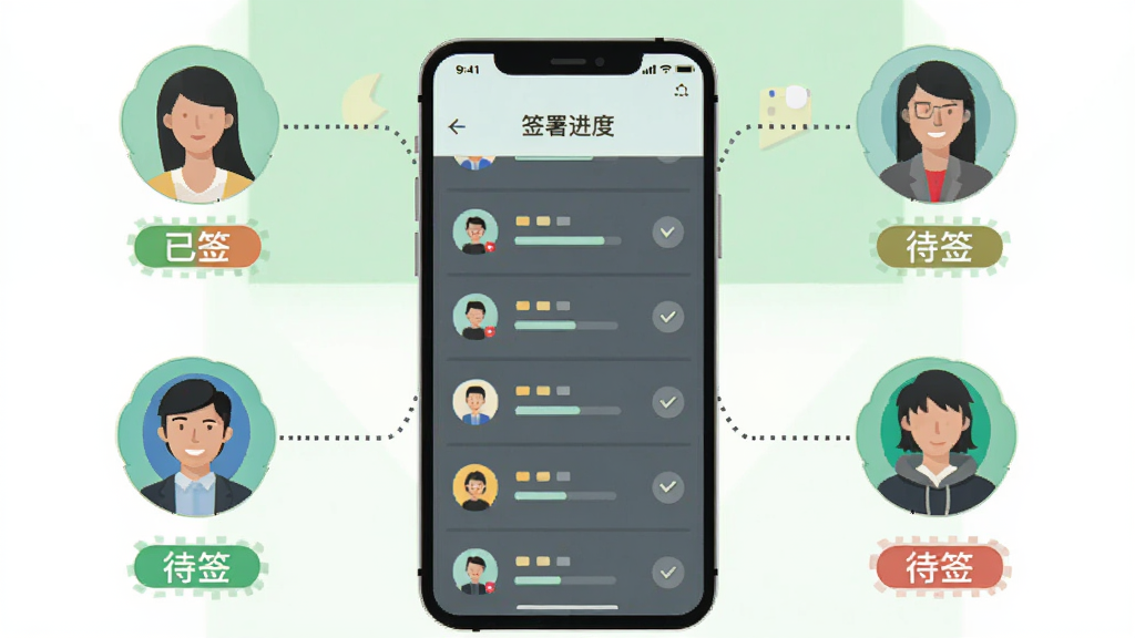 协同签名App多人协同签署流程示意图,画面中央是一部手机显示签署进度列表,有三个人物头像图标通过虚线连接到手机,每个人物旁边有已签和待签的状态标签,背景是浅绿色和白色,风格扁平化,布局条理清晰,画质干净,无多余元素