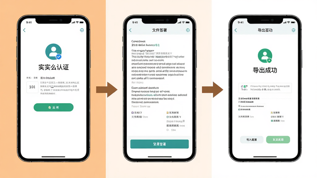 协同签名App新手操作步骤示意图,画面分为三个部分,左侧是手机显示实名认证界面,中间是手机显示文件签署界面,右侧是手机显示导出成功界面,三个手机之间有箭头连接,背景是浅橙色和白色,风格简洁教程风,布局从左到右,画质清晰,无多余元素