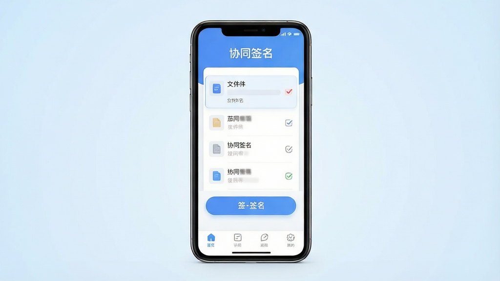 一张展示“协同签名”App核心界面的手机样机图,画面中央是一部立着的智能手机,屏幕显示“协同签名”的主页,页面顶部有“协同签名”文字标识,中间是文件列表和签名按钮,底部是导航栏。背景是干净的浅蓝色渐变,画面风格现代扁平,细节圆润,画质干净无多余元素,整体布局清晰,文字标签明确。