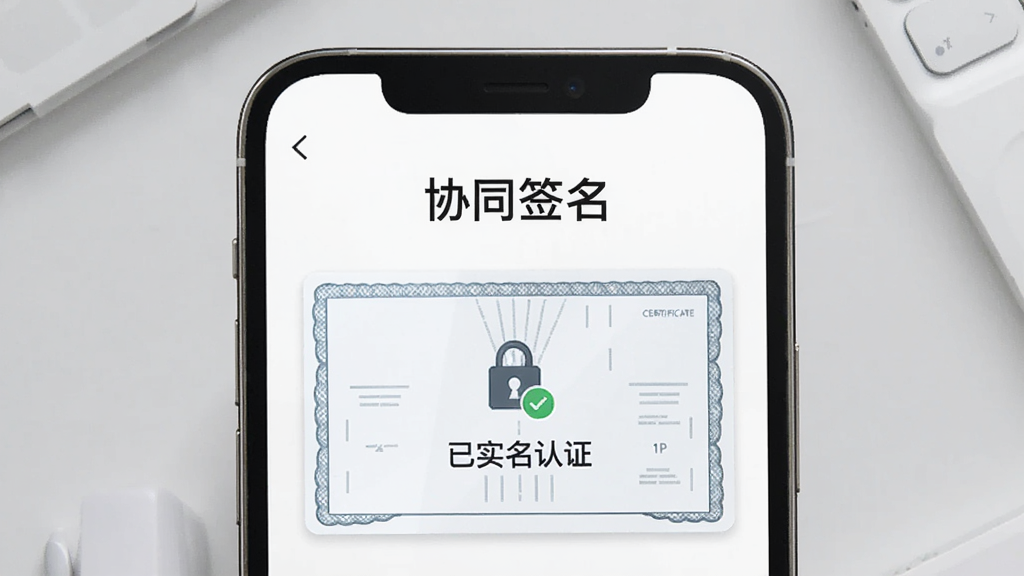 一张展示“协同签名”App数字证书身份核验功能的界面截图,手机屏幕中央显示“协同签名”文字和一张数字证书样式的卡片,卡片上有锁形图标和“已实名认证”字样,背景是浅灰色工作台,风格商务简洁,画质清晰,无多余元素。
