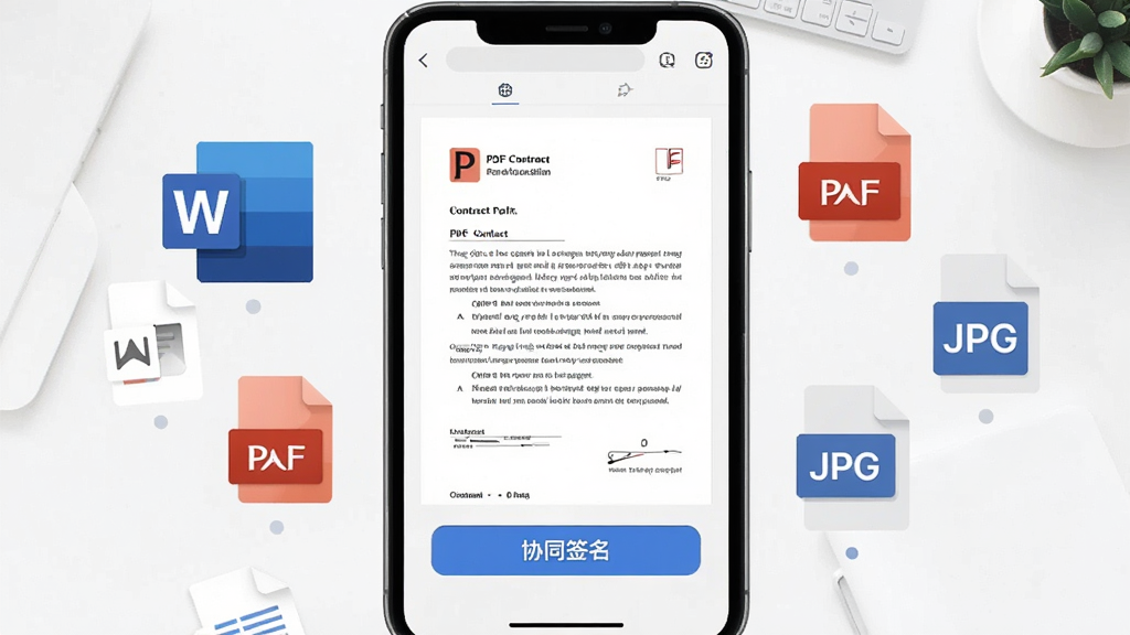 一张展示“协同签名”App多格式文件签署功能的示意图,画面中手机屏幕里显示一份PDF合同文件,文件下方有“协同签名”的按钮,旁边飘浮着Word、PDF、JPG等文件格式图标,背景是干净的白色桌面,风格扁平化,画质干净,无多余元素。