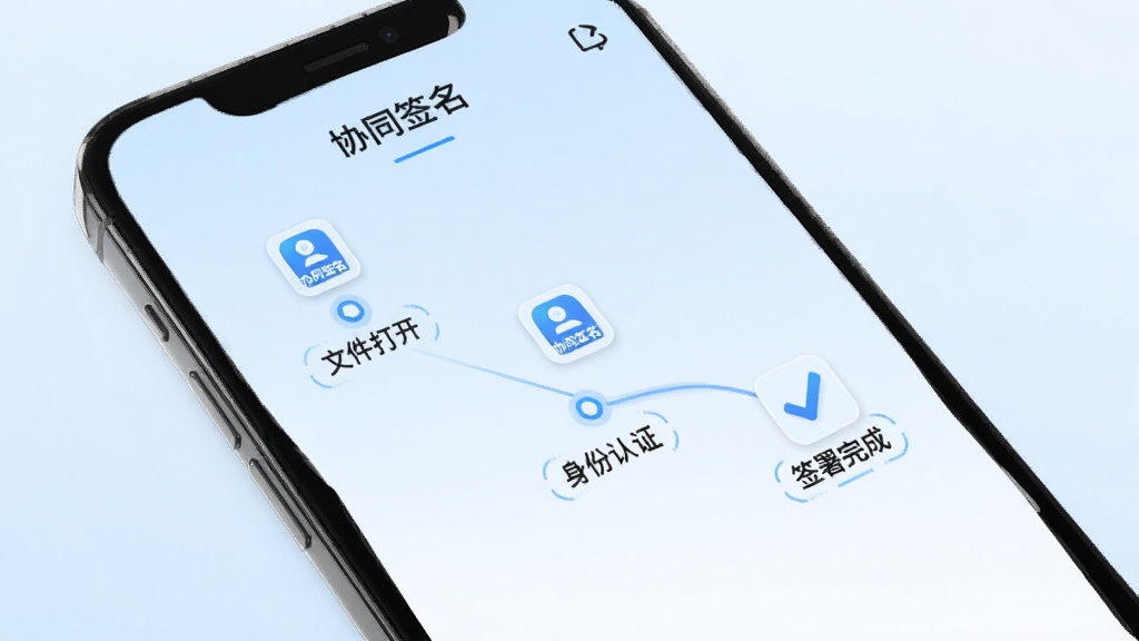 一张展示“协同签名”App签署过程留痕功能的界面图,手机屏幕显示一条时间轴,时间轴上标注着“文件打开”“身份认证”“签署完成”等节点,每个节点旁有“协同签名”的小图标,背景是浅蓝色,风格科技感,画质干净,无多余元素。