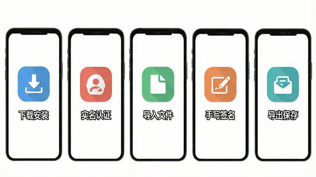 一张展示“协同签名”App新手操作步骤的示意图,画面中手机屏幕依次显示“下载安装”“实名认证”“导入文件”“手写签名”“导出保存”五个步骤的图标,每个步骤下方有对应的“协同签名”文字标识,背景是干净的白色,风格扁平化教程风,画质清晰,无多余元素。