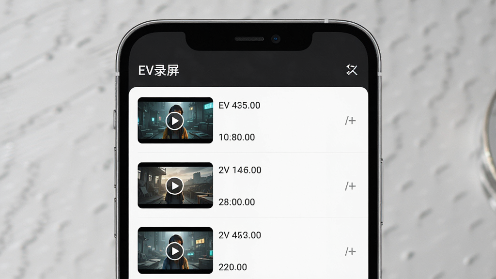 一张展示EV录屏视频管理界面的AI生图,画面中一部手机屏幕显示着视频文件列表,每个文件带有缩略图和时长信息,顶部有