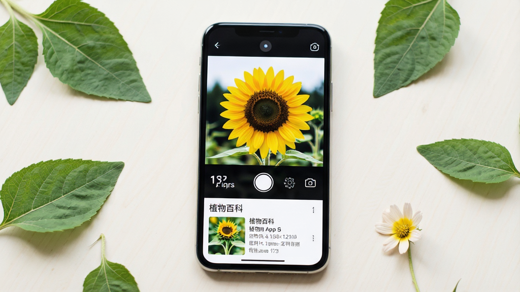 һ��չʾԶʶApp���Ĺ��ܵĳ���ͼ������������һ�������ֻ����ֻ���Ļ����ʾ��Զʶ������ʶ����棬ȡ��������һ���ɫ�����տ�����Ļ�·���ʾ��ʶ������ֲ��ٿ���Ϣ���ֻ���Χɢ���ż�Ƭ��Ҷ��һ��С����Ϊװ�Ρ������Ǹɾ�������ǳɫ���棬������������Ȼ��������ͣ����������ɾ����޶���Ԫ�ء�
