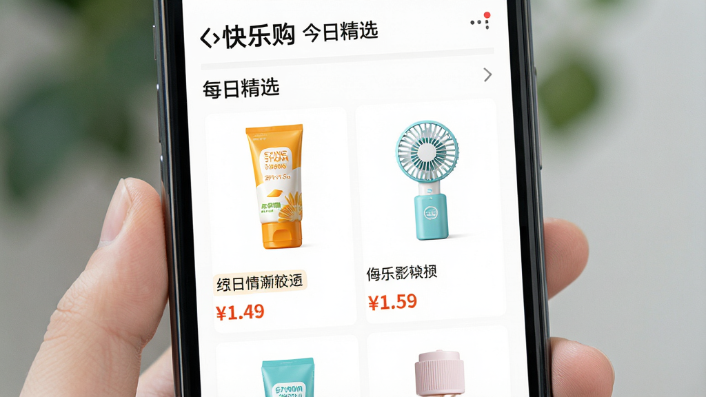 һ��չʾ�����ֹ���APP�ڡ�ÿ�վ�ѡ��Ƶ������ͼ��������һ���ֻ�����Ļ��ʾ��Ʒ�б���������ɹ˪���ֳ�С���ȵ�ͼƬ������������״���У��Ű����룬�������������ϸ������ƷͼƬ�������۸��ǩ��Ŀ�����ʸɾ����޶���Ԫ�أ���Ļ����������ʾ�����ֹ� ���վ�ѡ����