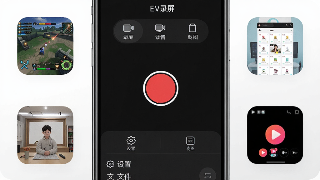 一张手机屏幕展示EV录屏APP主界面的图片,界面以深色背景为主,中间有醒目的红色圆形录制按钮,上方显示录屏、录音、截图三个功能标签,下方有设置和文件列表入口,屏幕周围环绕着游戏画面、网课界面、短视频三个小图标,整体风格简洁现代,画质干净清晰,无多余元素,图中包含文字