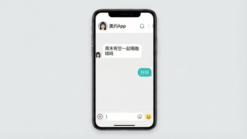 һ��չʾ��ԼApp���������ֻ�ͼƬ���������ֻ���Ļ��ʾ���˶Ի����ݣ�����ǶԷ����������֡���ĩ�п�һ��ȿ����𡱣��Ҳ����û��ظ�����ѽ�����ײ��������ͱ��鰴ť��������ʾ�Է�ͷ����ǳơ�����Ϊǳ��ɫ��������ִ������ʸɾ��������޶���Ԫ�ء�