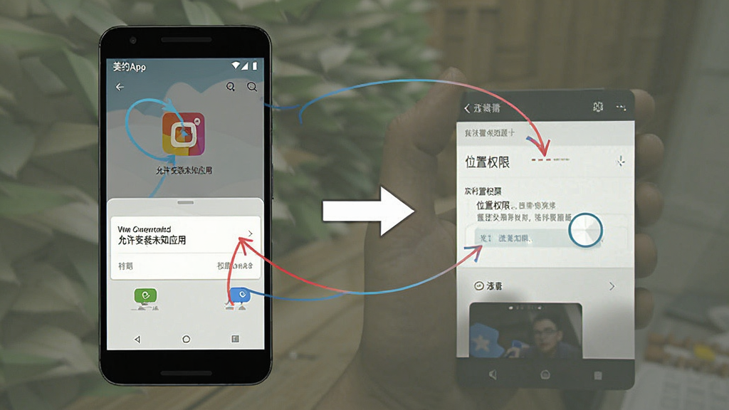 һ��չʾ��ԼApp�ڰ�׿�ֻ��ϰ�װ��Ȩ�����ò����ʾ��ͼ���������ֻ���Ļ��ʾ��������װδ֪Ӧ�á��͡�λ��Ȩ�ޡ�����ҳ�棬�Ա��м�ͷָʾ�������裬��������ˣ����ʸɾ����޶���Ԫ�ء�