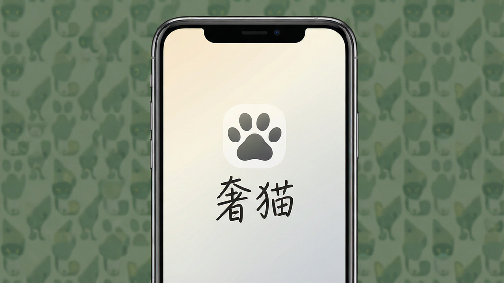 一张展示“奢猫”App核心界面的手机样机图,画面中央是手机屏幕,屏幕内显示“奢猫”的启动页面,背景是柔和的米白色与浅灰色渐变,页面中央有圆润的猫爪图标和“奢猫”两个手写体文字,布局简洁,风格清新治愈,细节上手机边缘有轻微反光,画质干净清晰,无多余元素