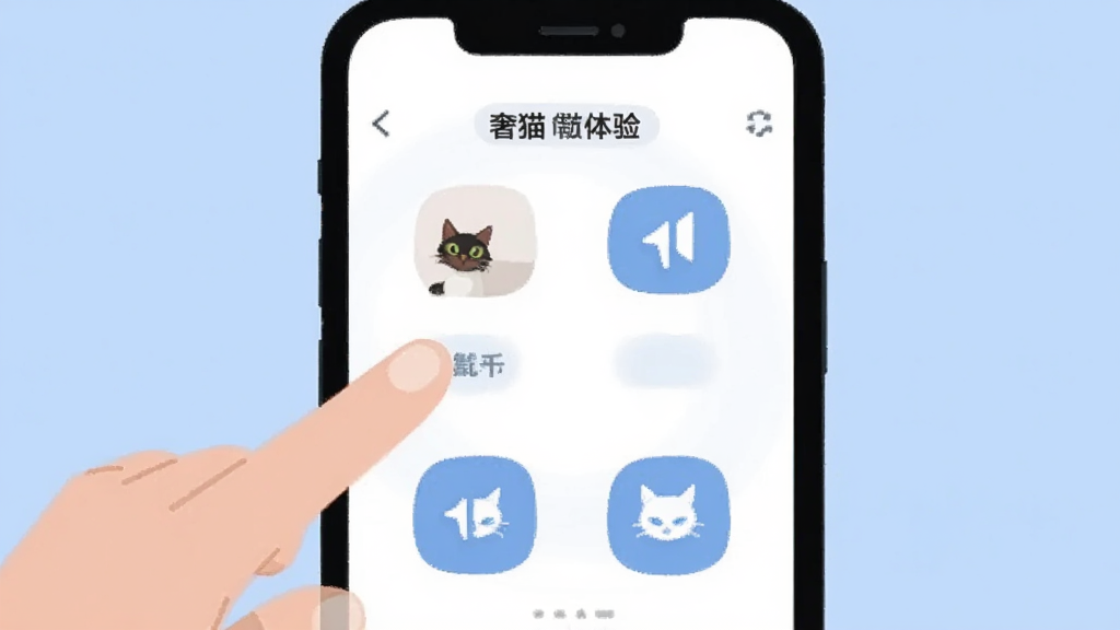 一张以“奢猫”无广告体验为主题的插画,画面主体是一个简洁的手机界面,界面内只有几个基础功能图标,背景是干净的浅蓝色,画面左侧有一只手轻轻点击屏幕,风格扁平化,细节上图标边缘圆润,画质干净,无多余元素
