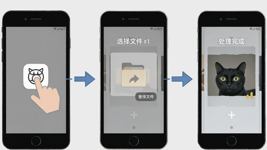 一张展示“奢猫”手机端操作步骤的示意图,画面分为三部分,左边是点击图标,中间是选择文件,右边是处理完成,背景是浅灰色,排版横向排列,风格扁平化,细节上箭头连接三个步骤,画质干净,无多余元素