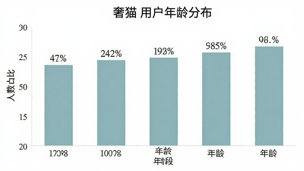 一张展示“奢猫”用户年龄分布的柱状图,横轴是年龄段,纵轴是人数占比,柱状图颜色为柔和的蓝绿色,背景是白色,排版上标题在顶部,图表在中间,风格简洁数据可视化,细节上柱子上方有百分比数字,画质干净,无多余元素