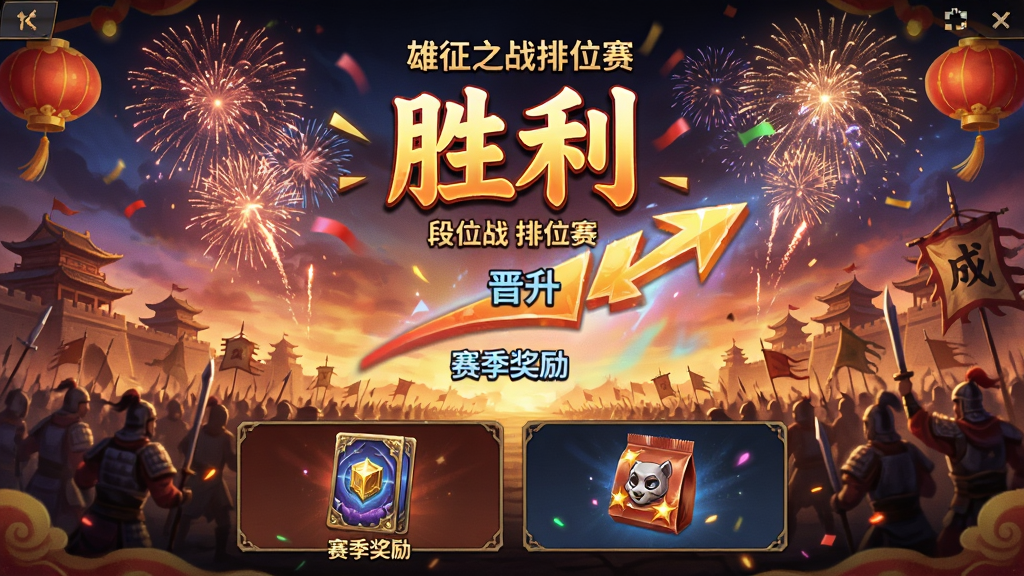 雄征之战排位赛结算界面,画面中央显示着胜利字样和段位晋升动画,背景是华丽的古代战场烟花效果,下方有赛季奖励预览图标,包括卡背和卡包,界面风格喜庆热闹,色彩鲜艳,画质清晰,无多余元素