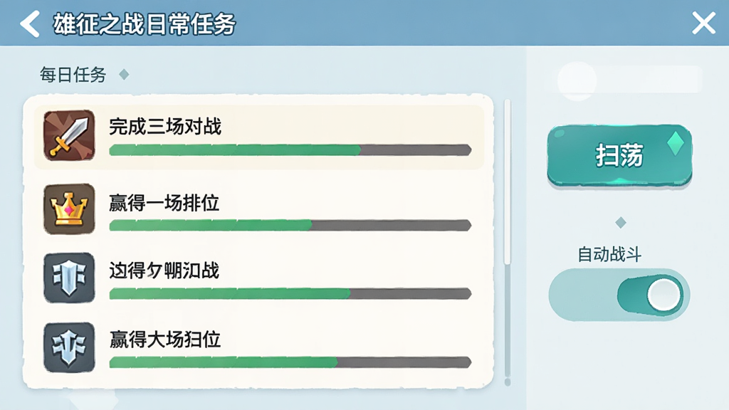雄征之战日常任务界面,画面中显示着每日任务列表和进度条,任务包括“完成三场对战”“赢得一场排位”等,右侧有扫荡按钮和自动战斗开关,界面风格简洁明快,以浅色背景为主,图标清晰,画质干净,无多余元素