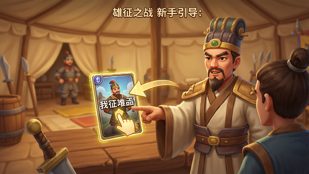 雄征之战新手引导界面,画面中一位古代军师正在向玩家讲解卡牌放置位置,屏幕上有高亮的手势指示箭头,背景是军营帐篷内部,风格为卡通写实,色彩温暖,界面简洁,画质清晰,无多余元素