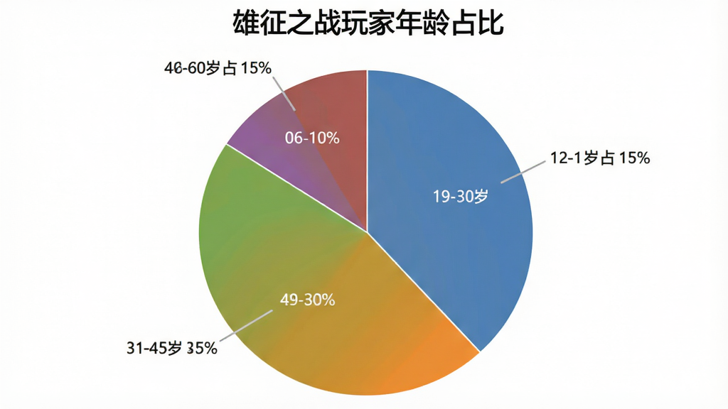 雄征之战玩家年龄分布饼状图,图表标题为“雄征之战玩家年龄占比”,数据为12-18岁占15%,19-30岁占40%,31-45岁占30%,46-60岁占15%,饼图配色清晰,每个扇区标注百分比,背景为白色,风格简洁专业,画质干净,无多余元素