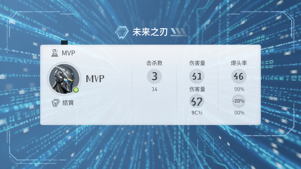 未来之刃 公平竞技 游戏结算界面 显示MVP玩家数据 击杀数 伤害量 爆头率 画面简洁 数据清晰 背景是未来风格的数据流 蓝白色调 画质干净 无多余元素