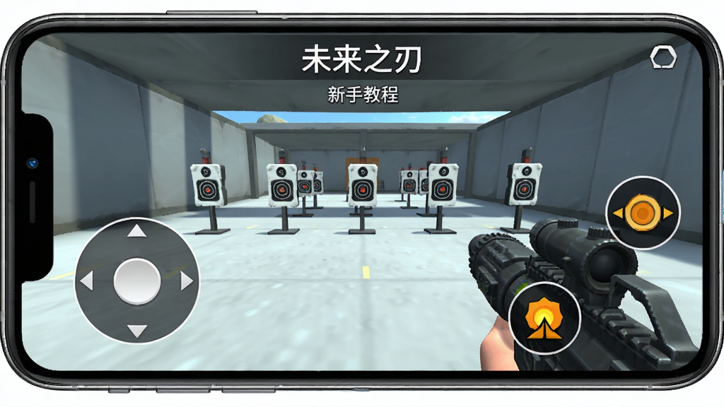 未来之刃 新手教程界面 手机屏幕显示按键布局 左侧移动摇杆 右侧开火和开镜按钮 画面中有提示文字标注 背景是训练场 靶子排列整齐 风格简洁明了 画质清晰 无多余元素