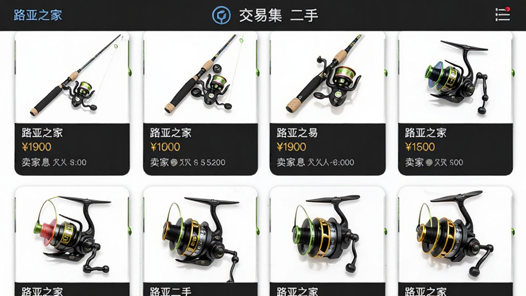 路亚之家二手交易集市界面,主体为手机屏幕显示商品列表,布局为网格状排版,每个商品卡片包含装备图片、名称、价格和卖家信息,图片展示路亚竿和渔轮,风格真实,细节清晰,画质干净,无多余元素