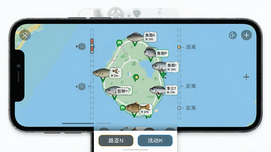 路亚之家钓点探索地图界面,主体为手机屏幕显示地图,布局为地图上分布着多个标记点,每个标记点旁边有小标签显示鱼种和距离,地图下方是筛选按钮,风格现代,细节清晰,画质干净,无多余元素